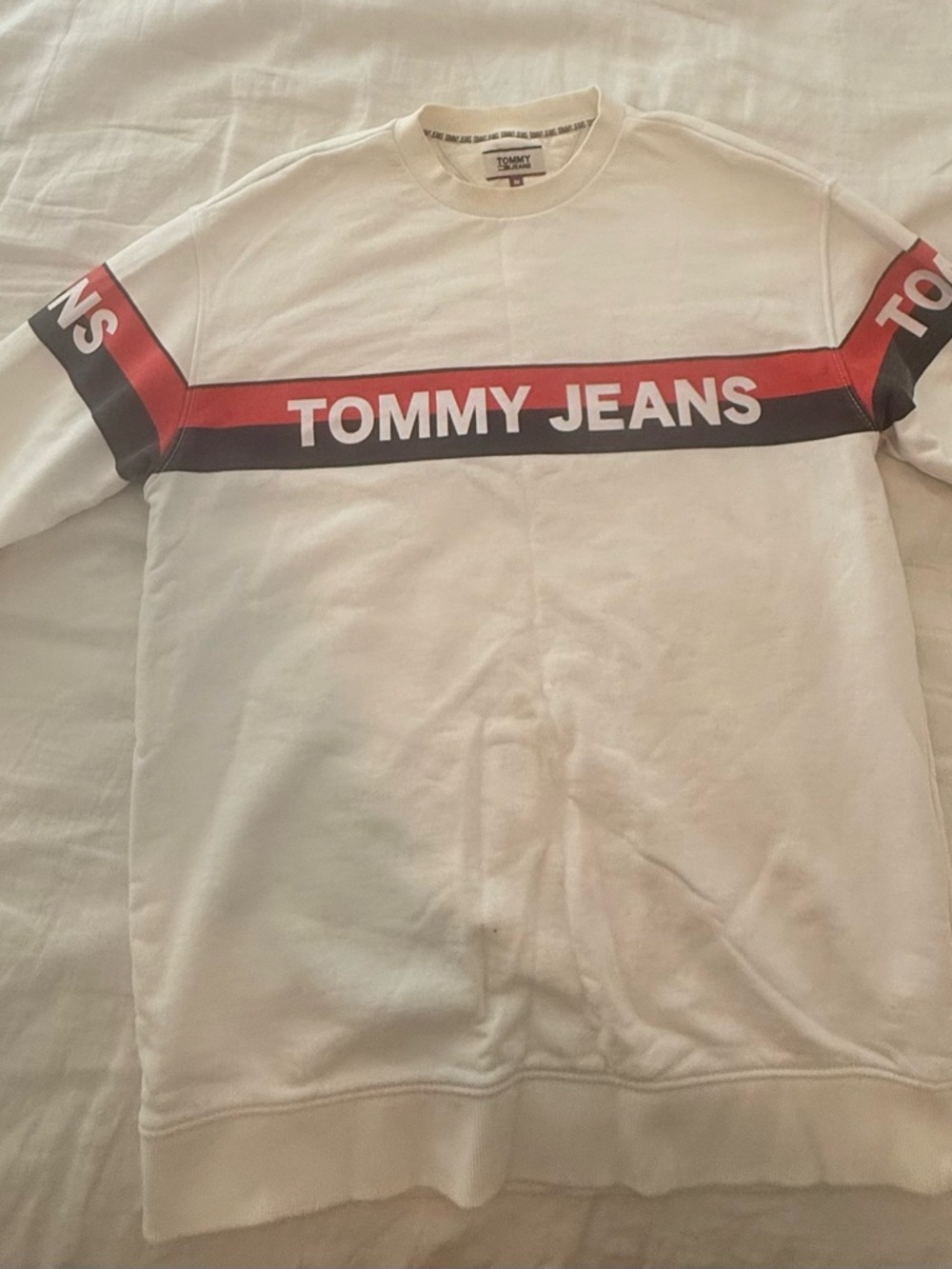 Tommy Hilfiger (Tommy Jeans) White Crewneck Sweatshirt with Red and Black Stripe